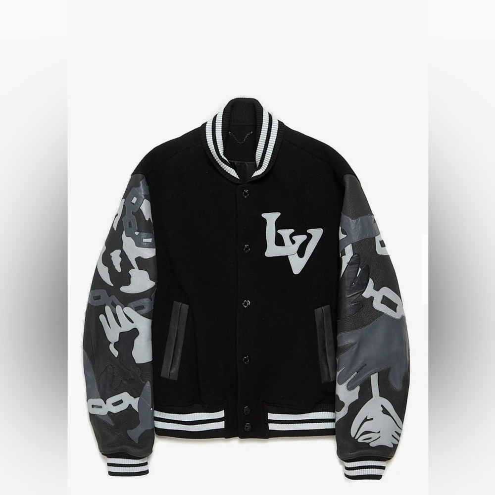 Virgil Abloh Black Leather Sleeve Patched Wool Bomber Jacket